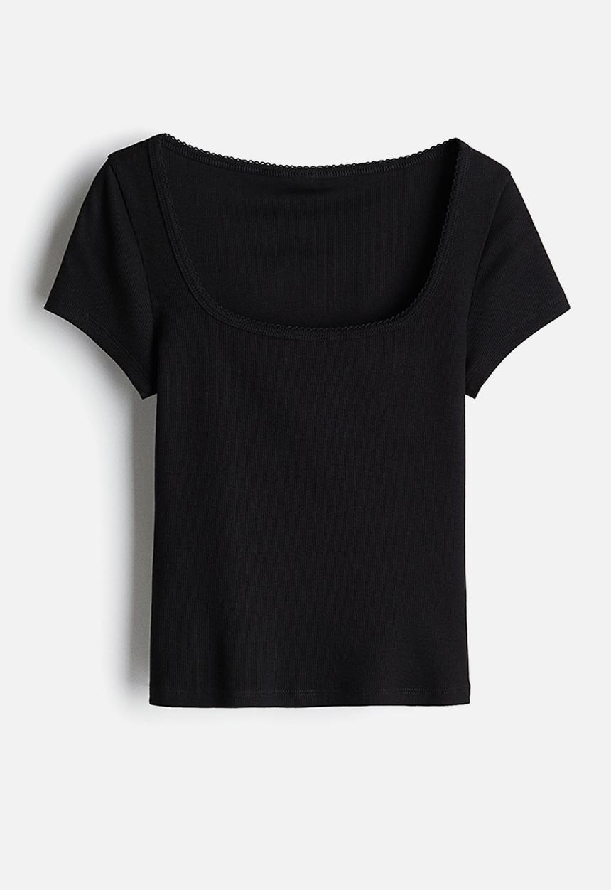 H&M - Picot-trimmed ribbed t-shirt - black