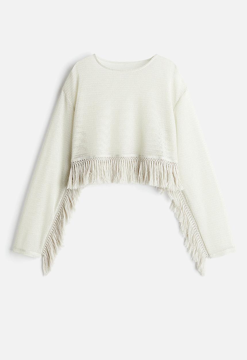 H&M - Fringe-trimmed top - light greige 