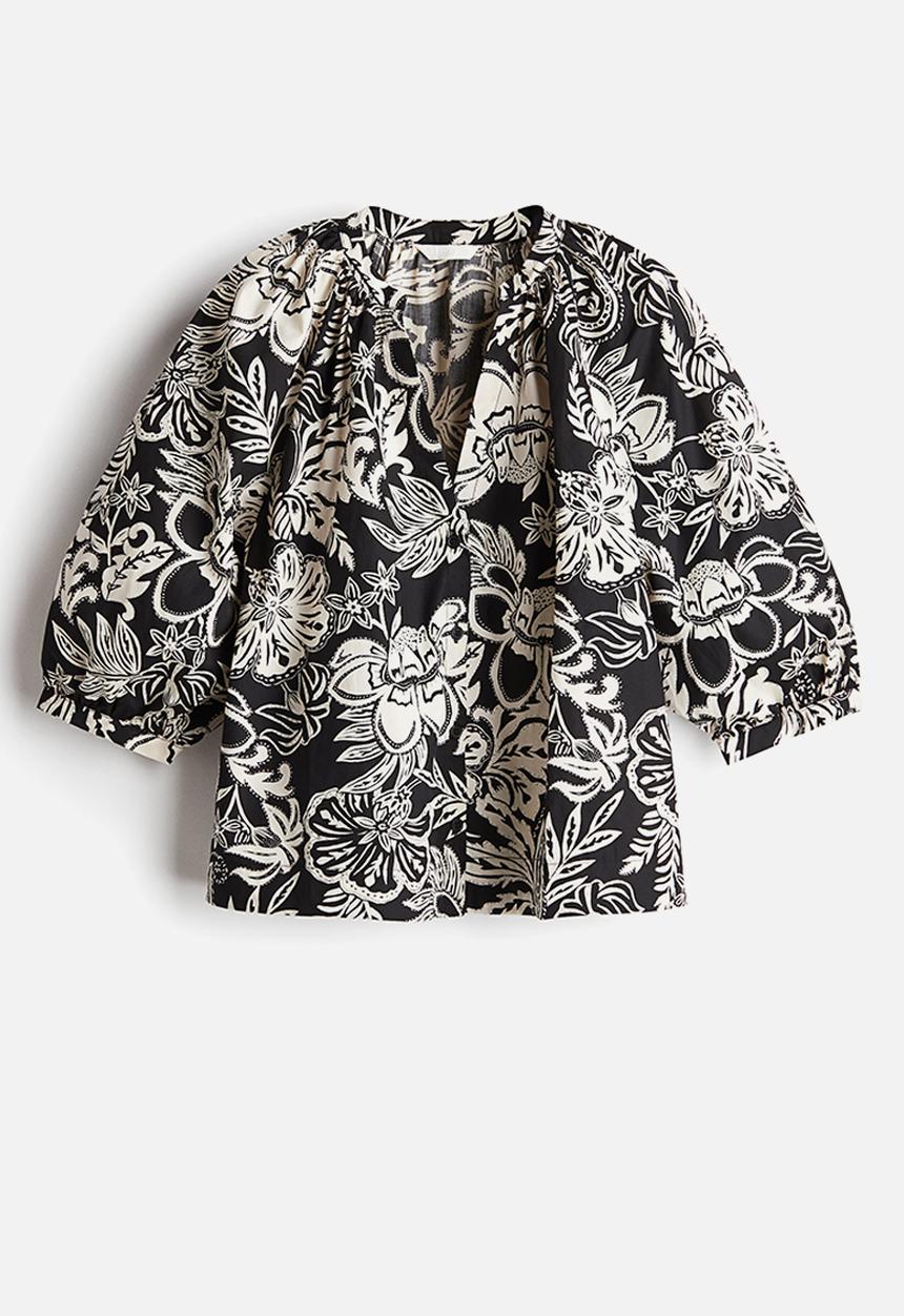 H&M - Balloon-sleeved poplin blouse - black/floral
