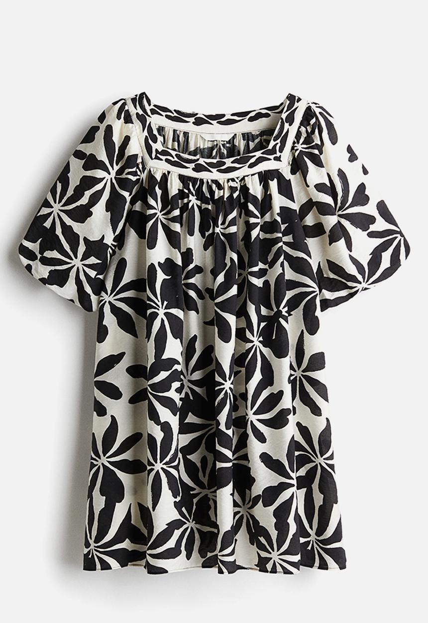 H&M - Balloon-sleeved tunic dress - white & black floral