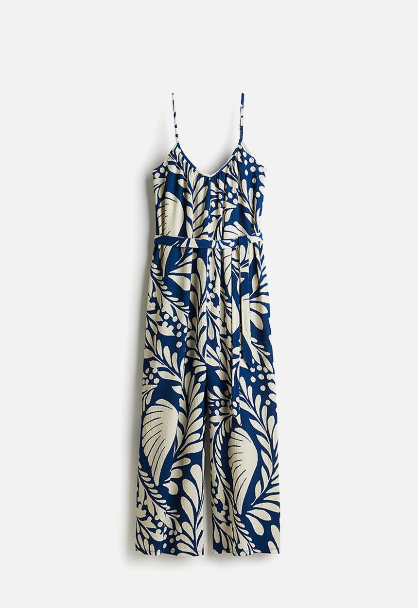 H&M - Crinkled strappy jumpsuit - blue & cream patterned
