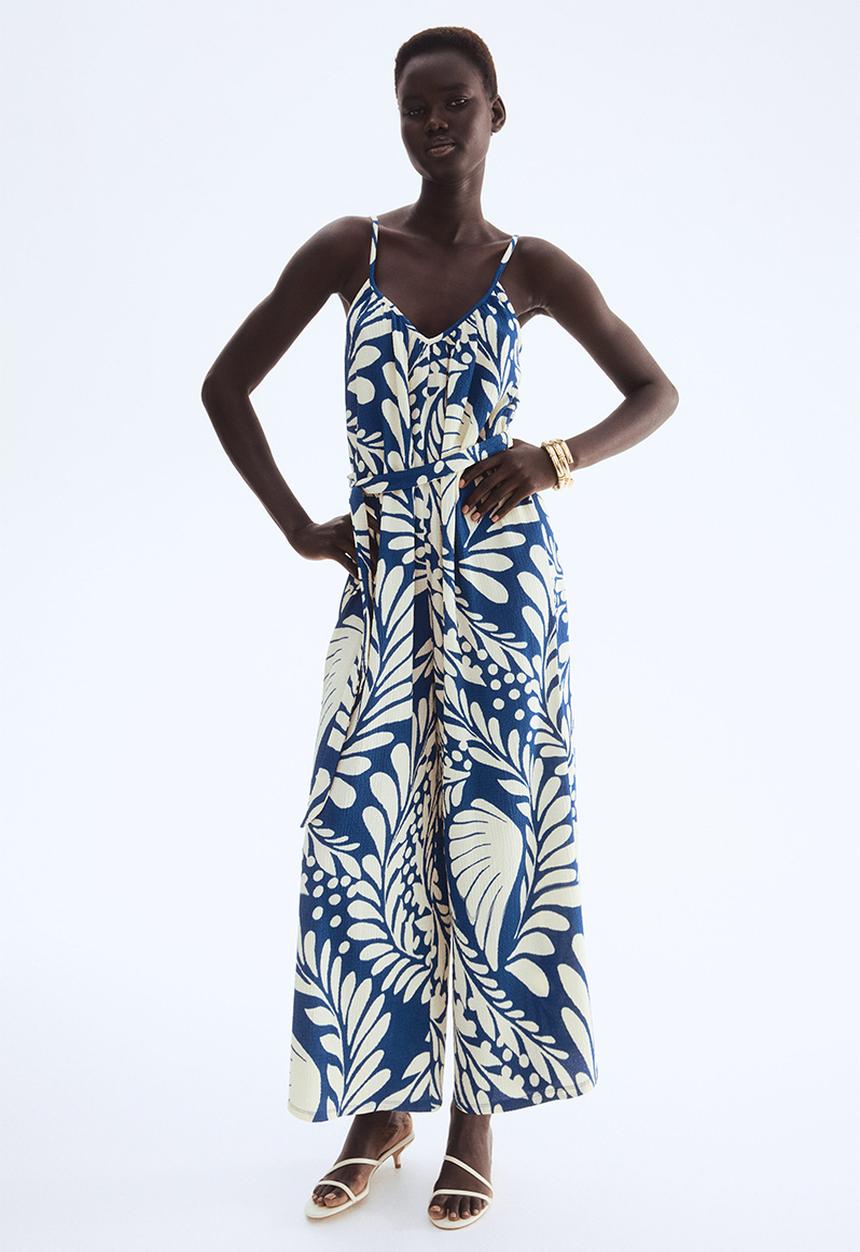 H&M - Crinkled strappy jumpsuit - blue & cream patterned