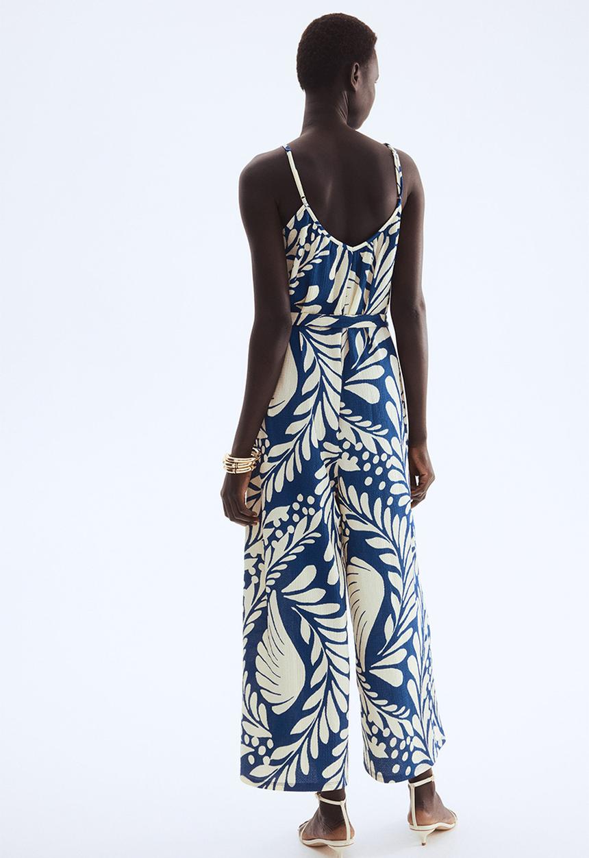 H&M - Crinkled strappy jumpsuit - blue & cream patterned