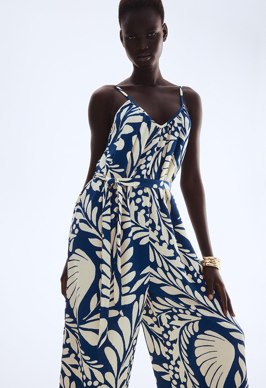 H&M - Crinkled strappy jumpsuit - blue & cream patterned