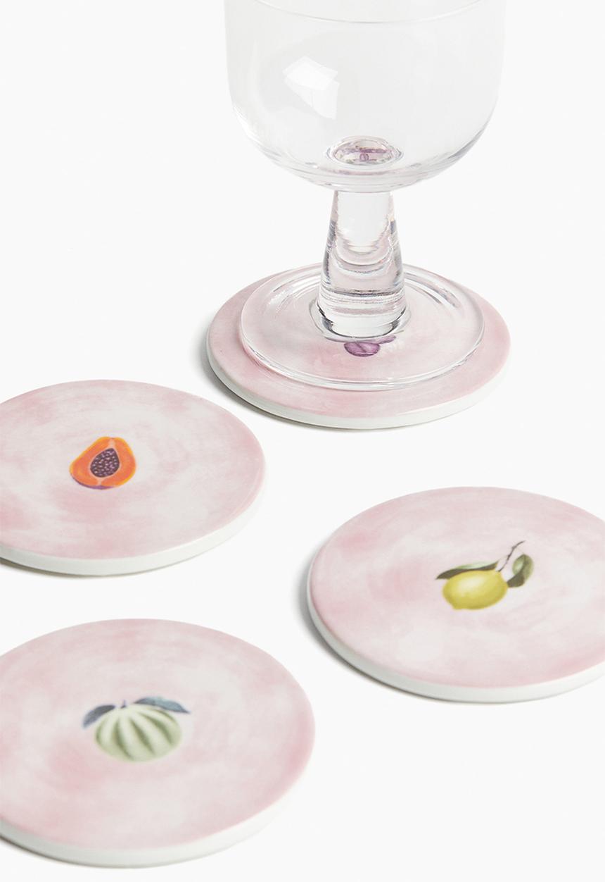 H&M - 4-Pack porcelain coasters - dusty pink/fruits