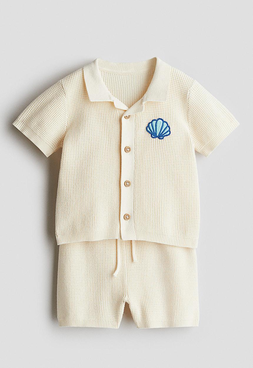 H&M - 2-Piece cotton waffle-knit set - light beige seashell