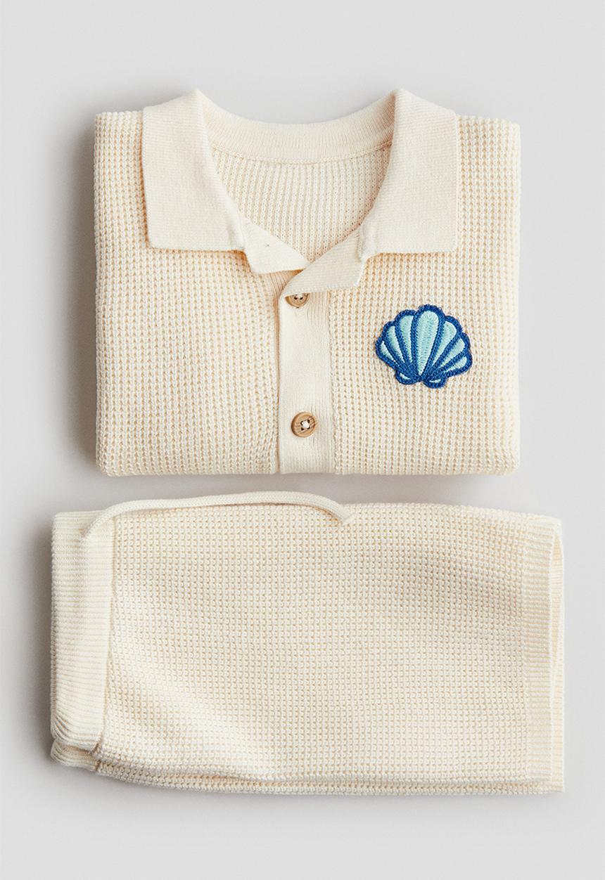 H&M - 2-Piece cotton waffle-knit set - light beige seashell