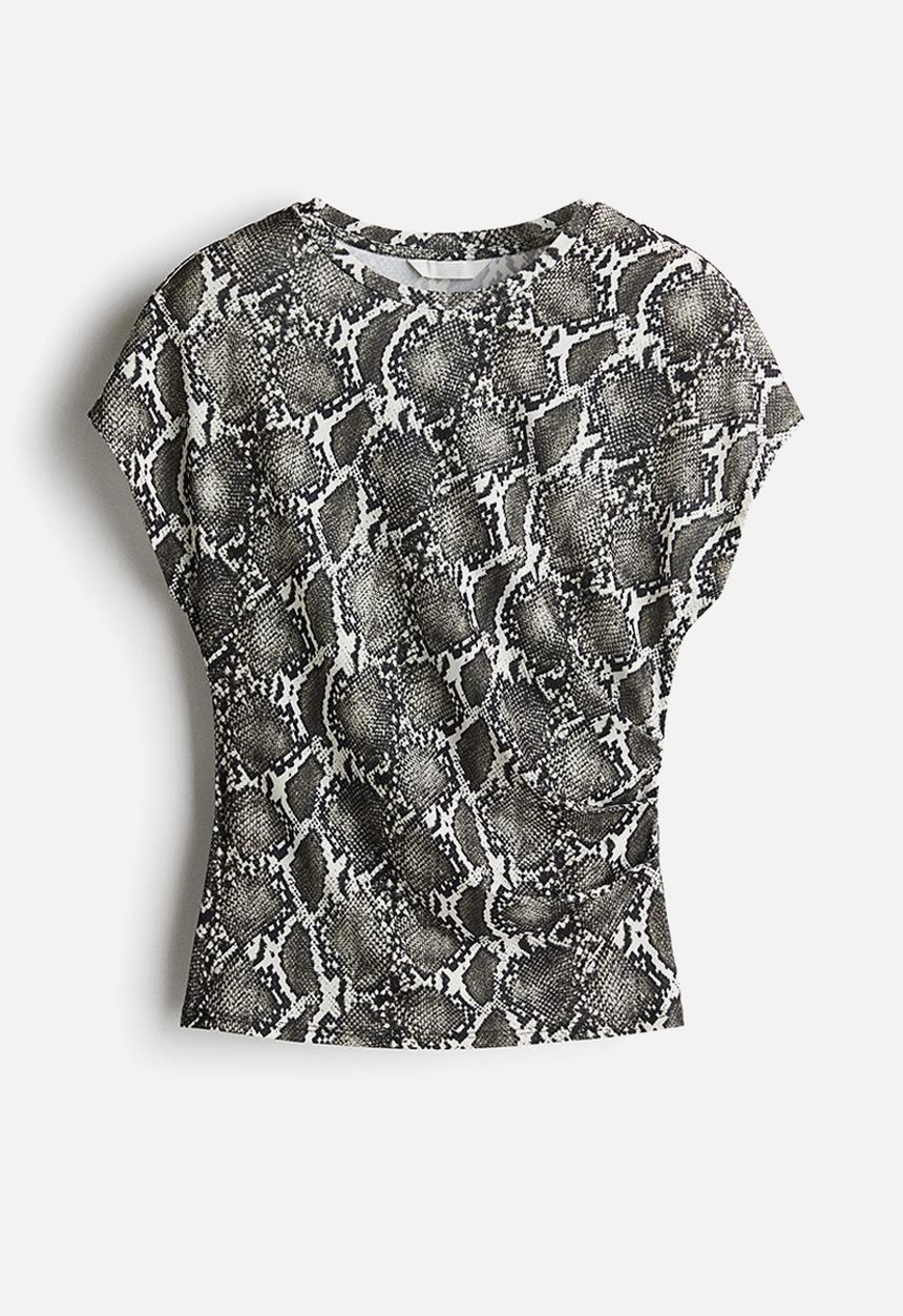 H&M - Cap-sleeved top - dark grey snakeskin pattern