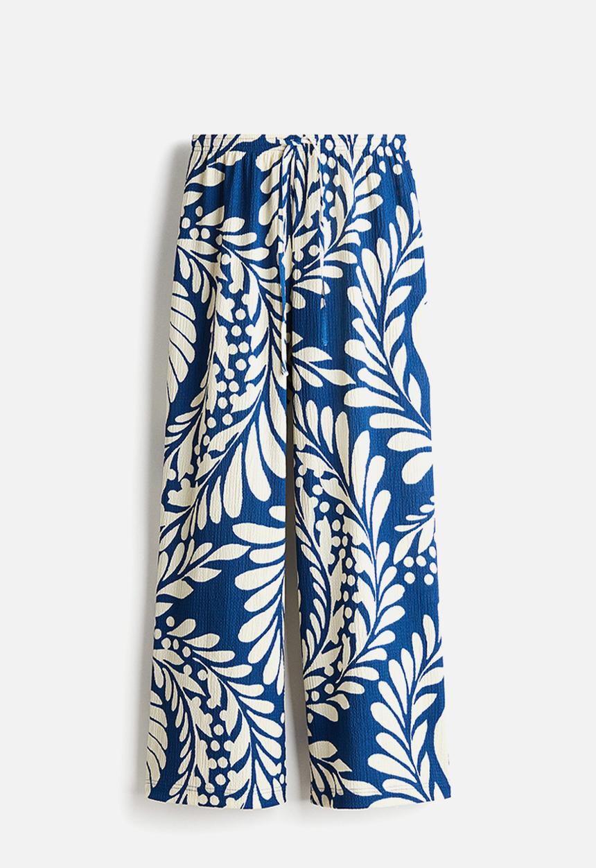 H&M - Wide pull-on trousers - blue & cream patterned
