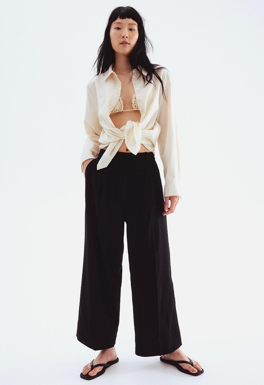 H&M - Wide linen-blend trousers - black