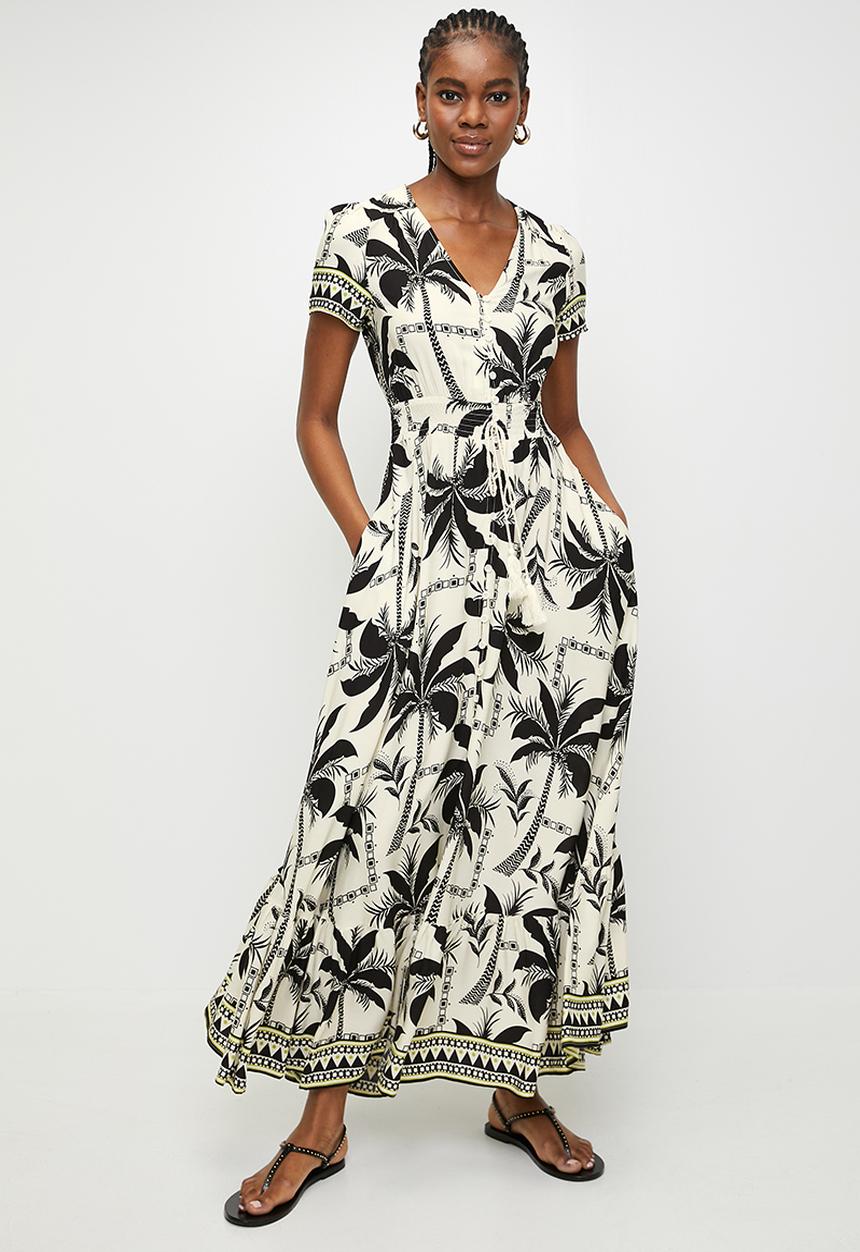Izabel London - V-Neck Cap Sleeve Button Through Maxi Dress Border Print - Multi Black