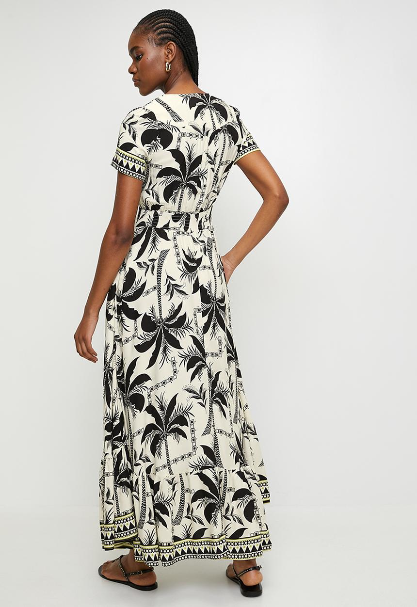 Izabel London - V-Neck Cap Sleeve Button Through Maxi Dress Border Print - Multi Black