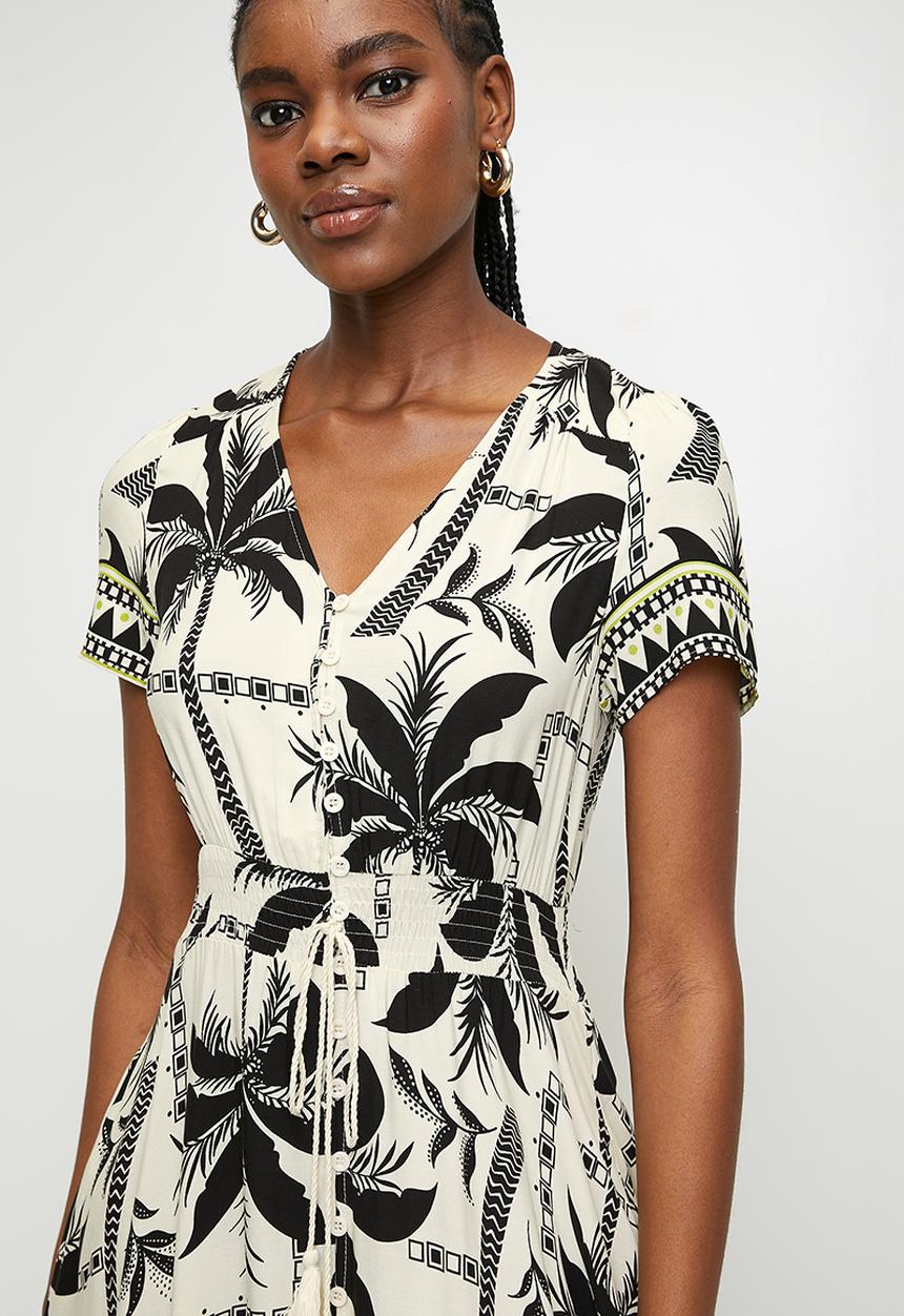 Izabel London - V-Neck Cap Sleeve Button Through Maxi Dress Border Print - Multi Black