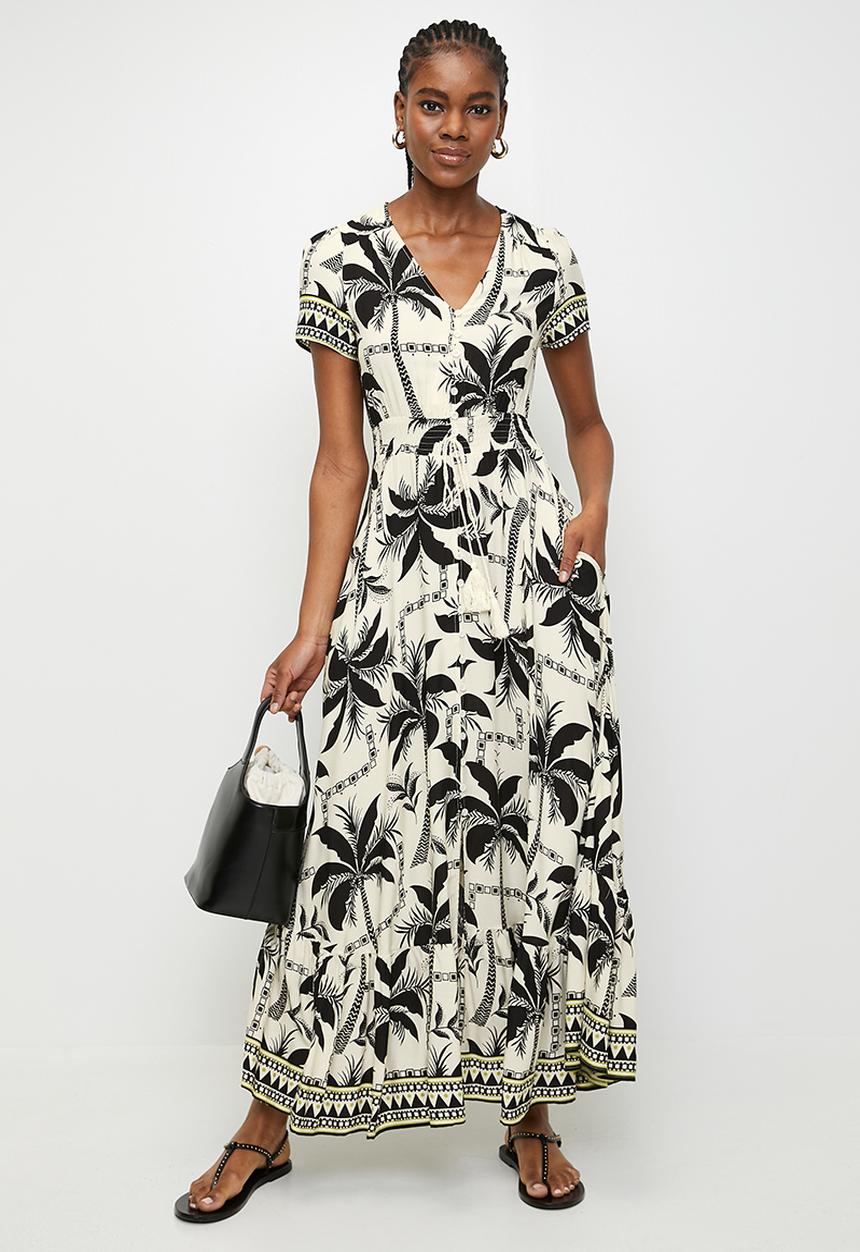 Izabel London - V-Neck Cap Sleeve Button Through Maxi Dress Border Print - Multi Black