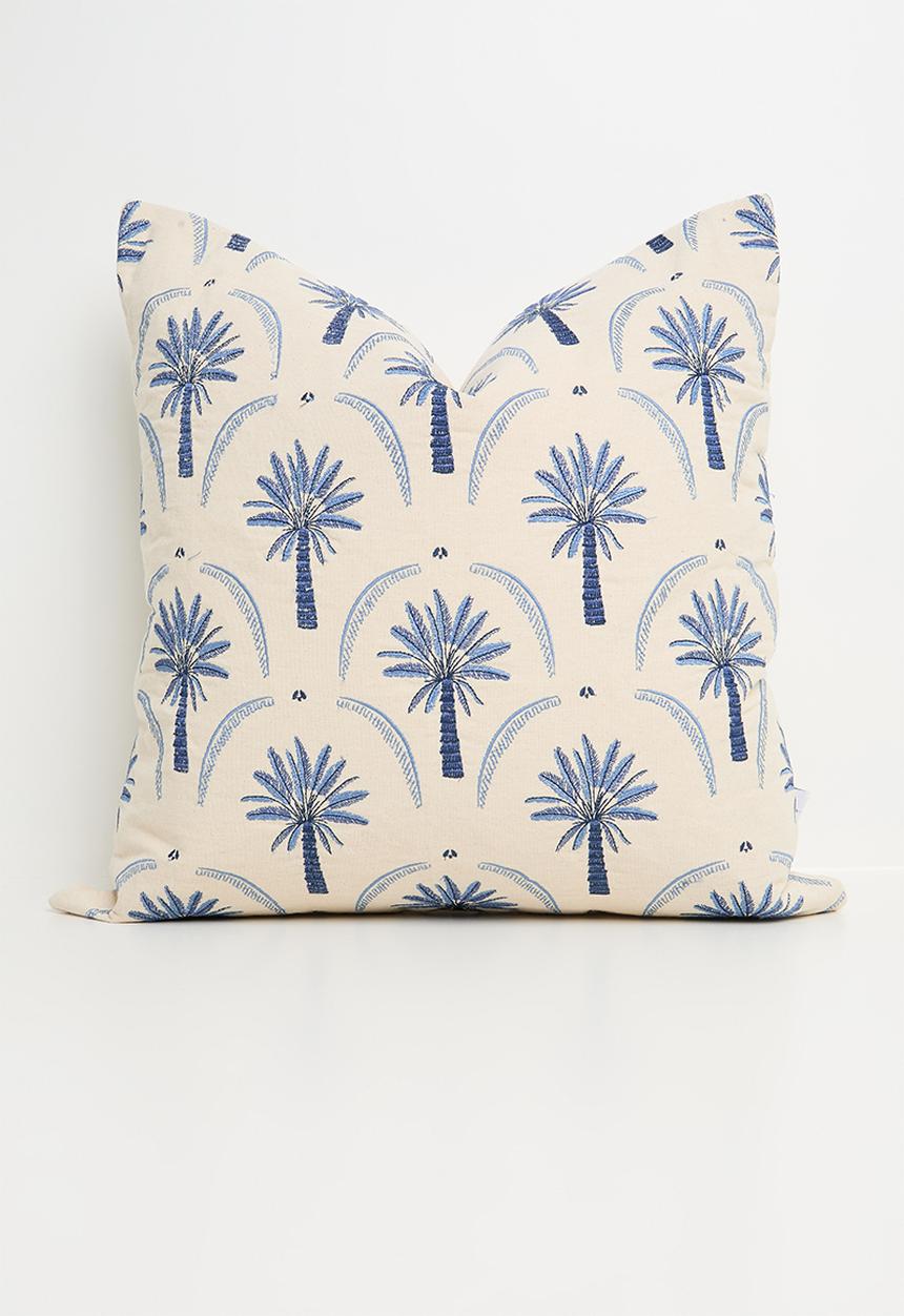 Sixth Floor - Palms embroidered woven cushion cover - blue