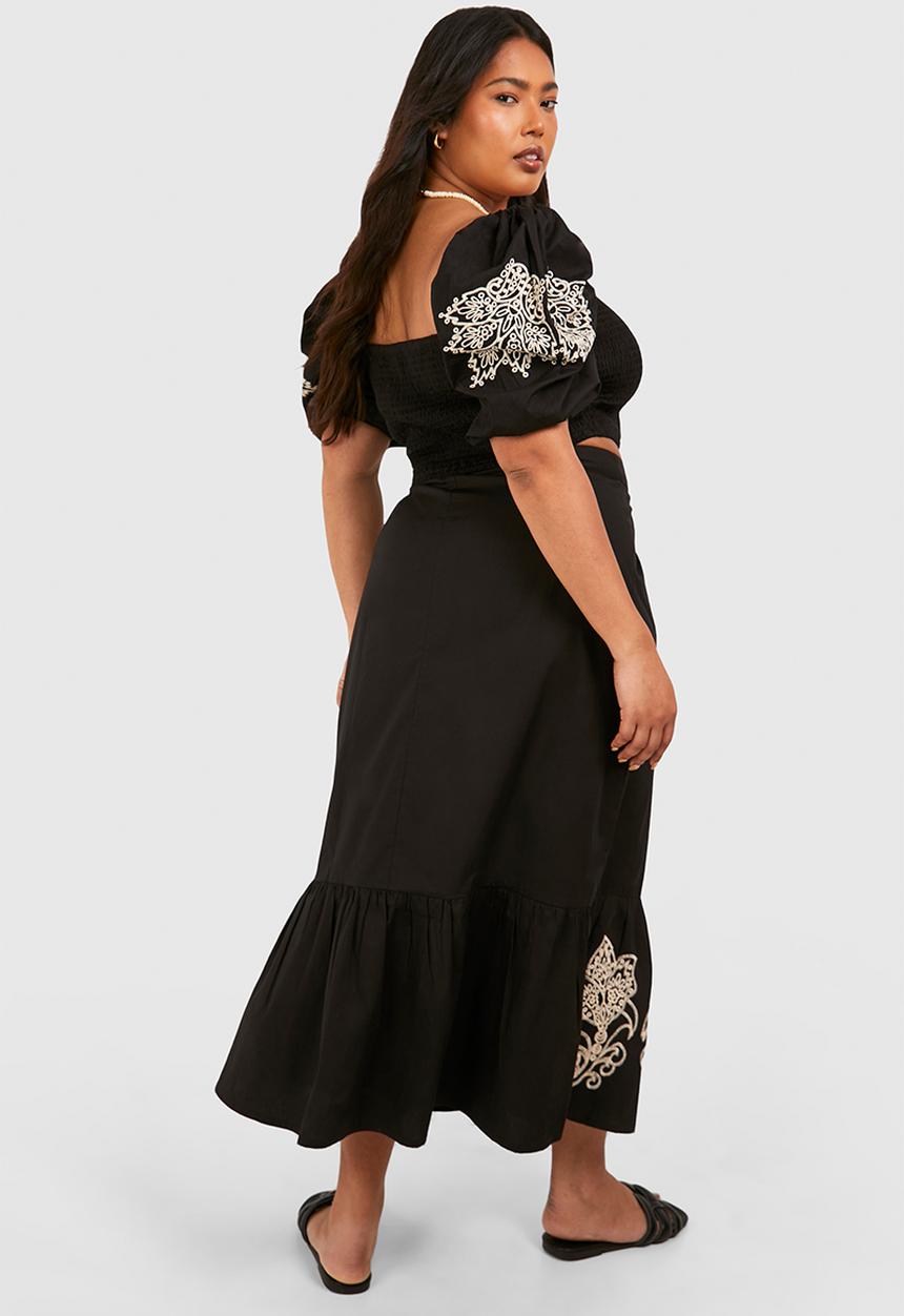 boohoo - Plus woven embroidery midaxi skirt -  black