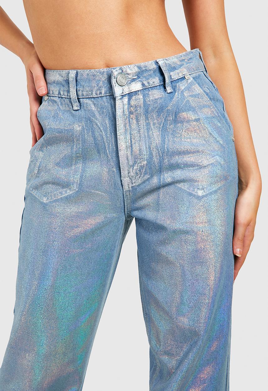 boohoo - Iridescent metallic coated straight leg jeans - blue