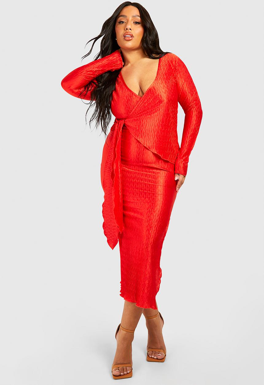 boohoo - Plus wave plisse wrap midi dress -  burnt orange