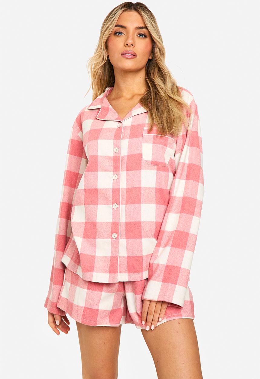 Pink check flannel long sleeve shirt & shorts pyjama set - pink