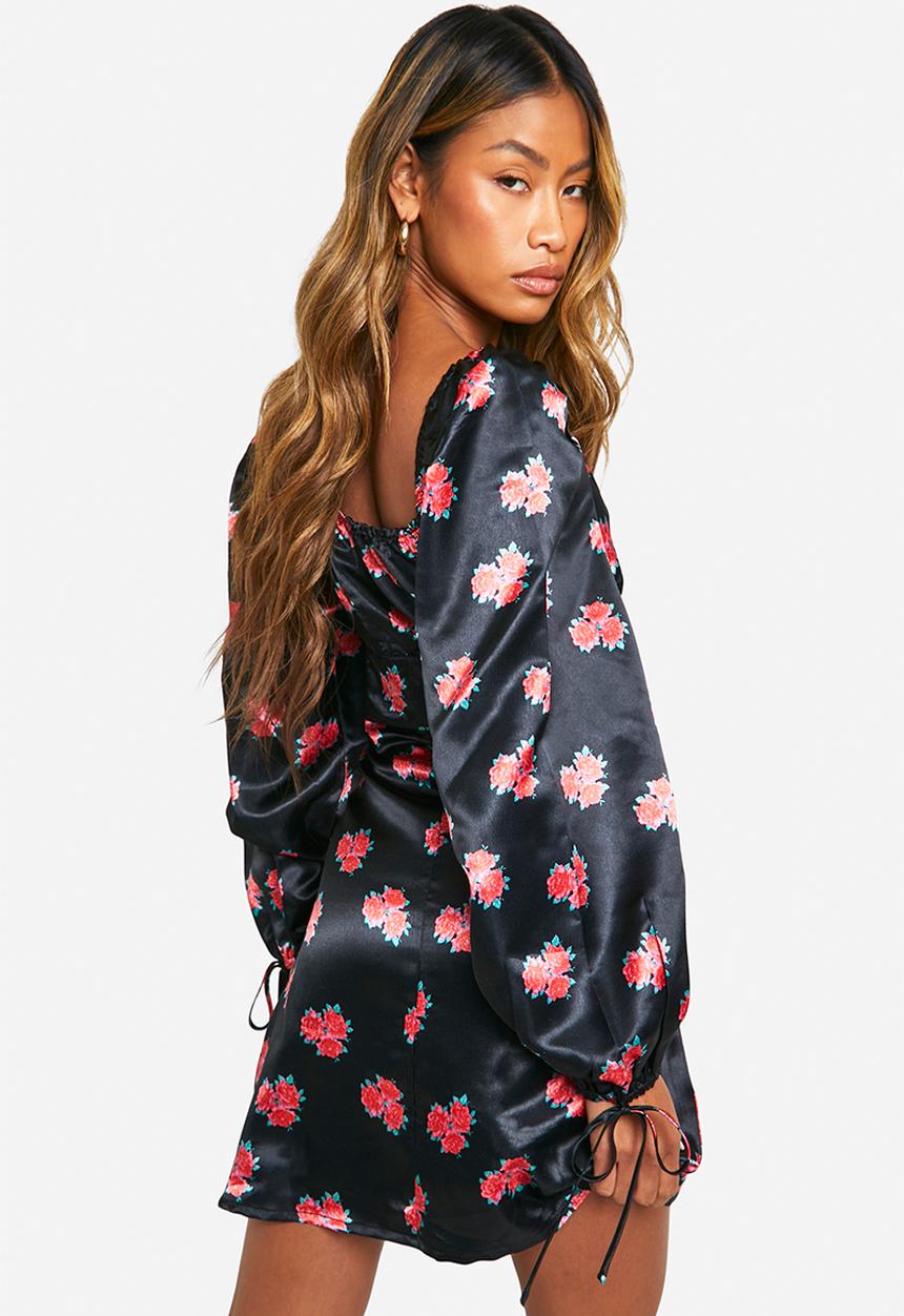 boohoo - Floral puff sleeve mini dress - black