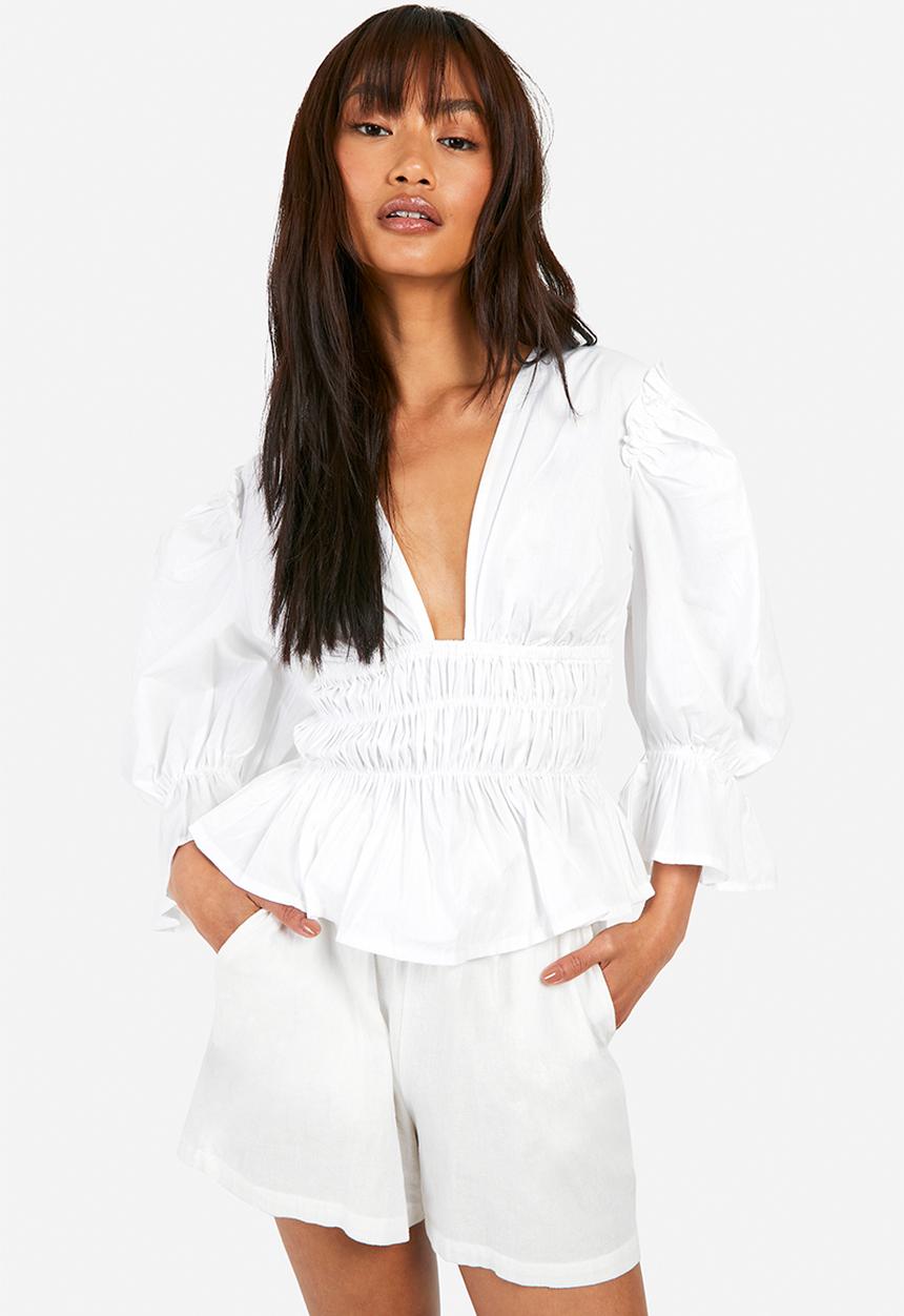 boohoo - Volume sleeve tie back cotton poplin top - white