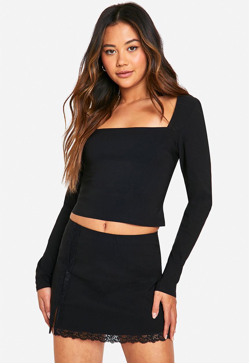 boohoo - Lace detail square neck crop & mini skirt - black