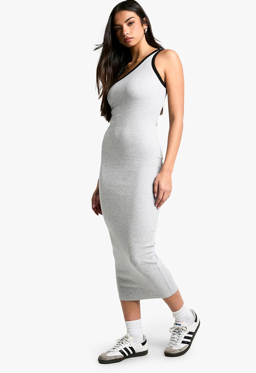 boohoo - Contrast binding one shoulder midaxi dress - grey marl