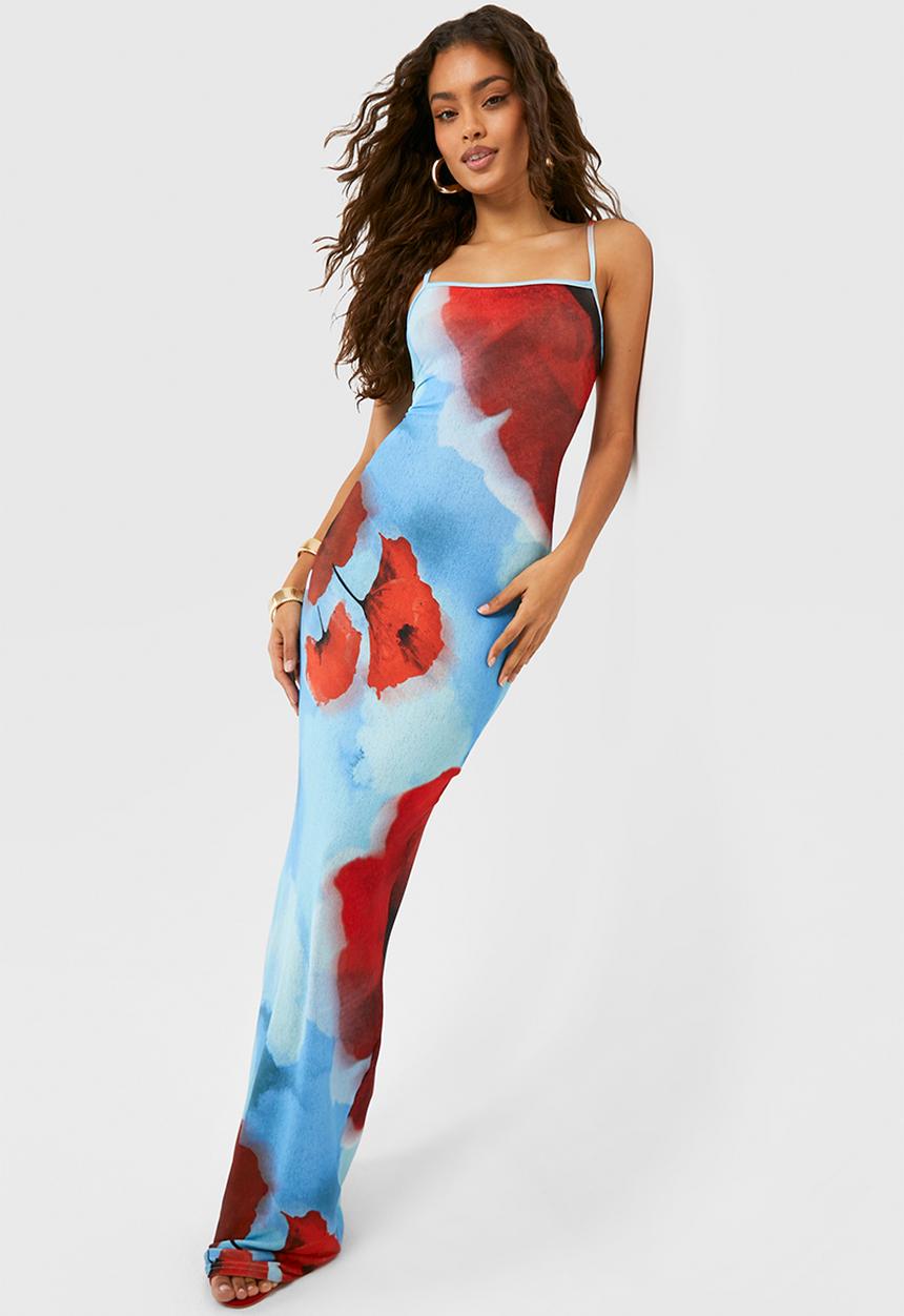 boohoo - Sheer floral strappy maxi dress - blue