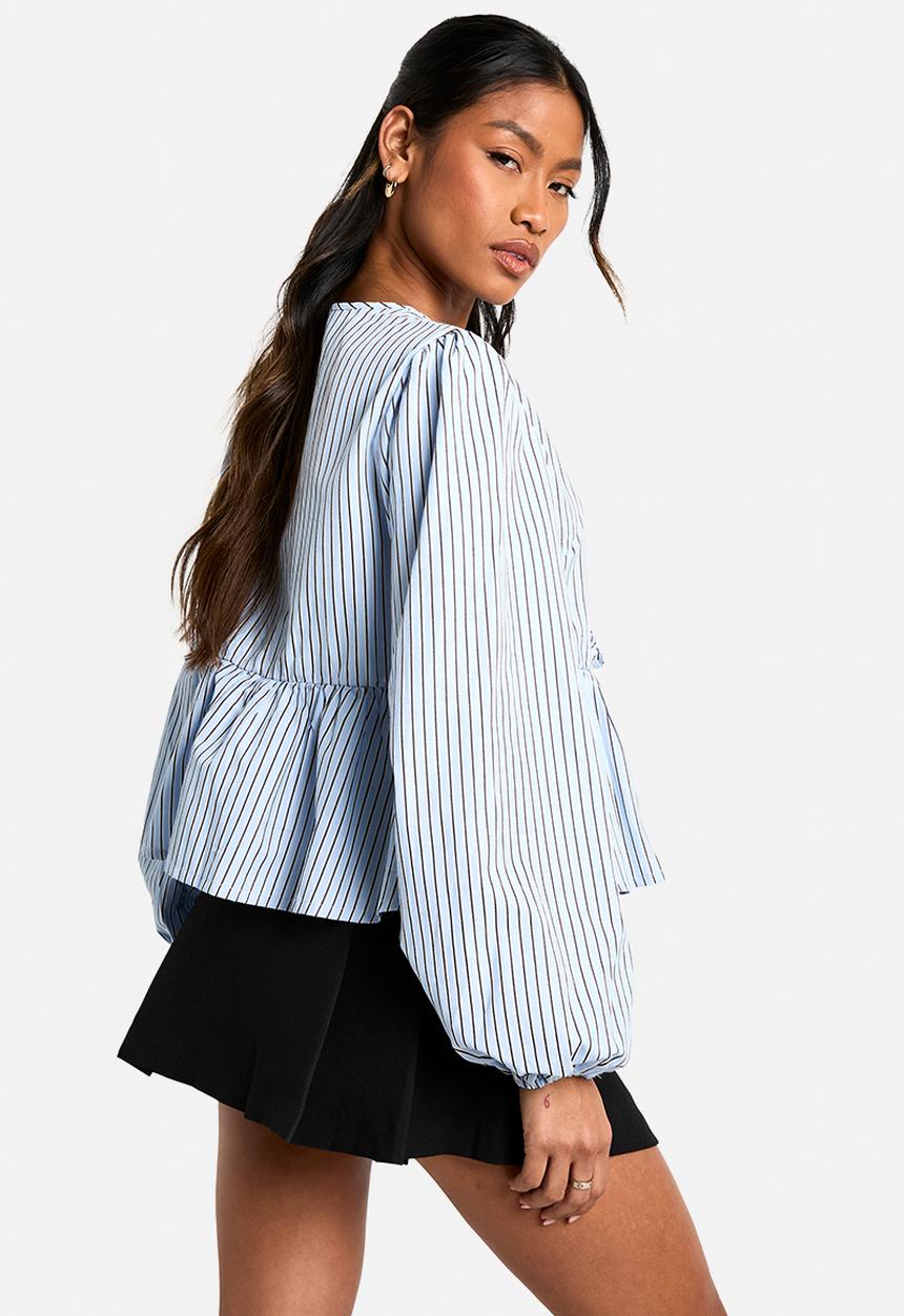 boohoo - Blue stripe tie front puff long sleeve smock top - blue