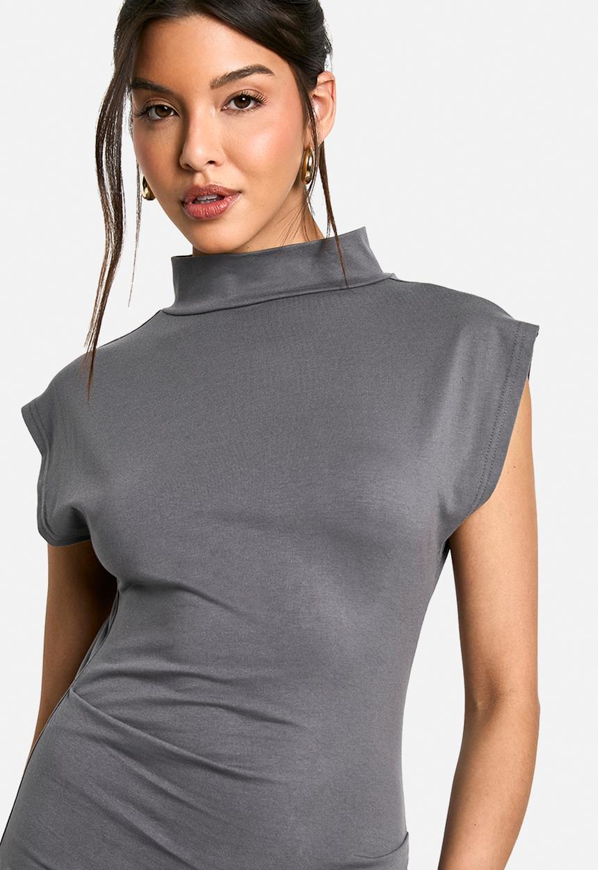 boohoo - Ruched high neck midaxi dress - charcoal