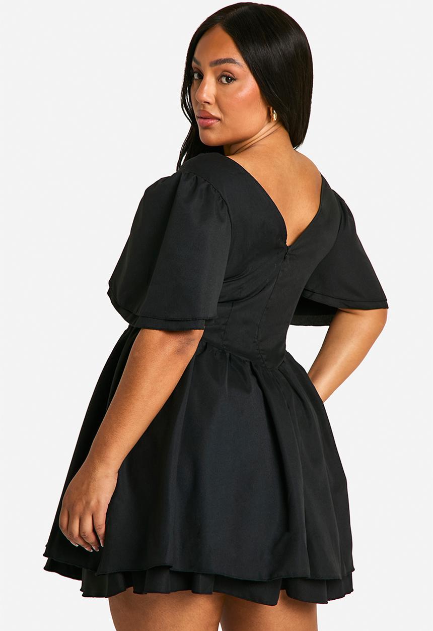 boohoo - Plus woven bodice ruffle sleeve skater dress -  black