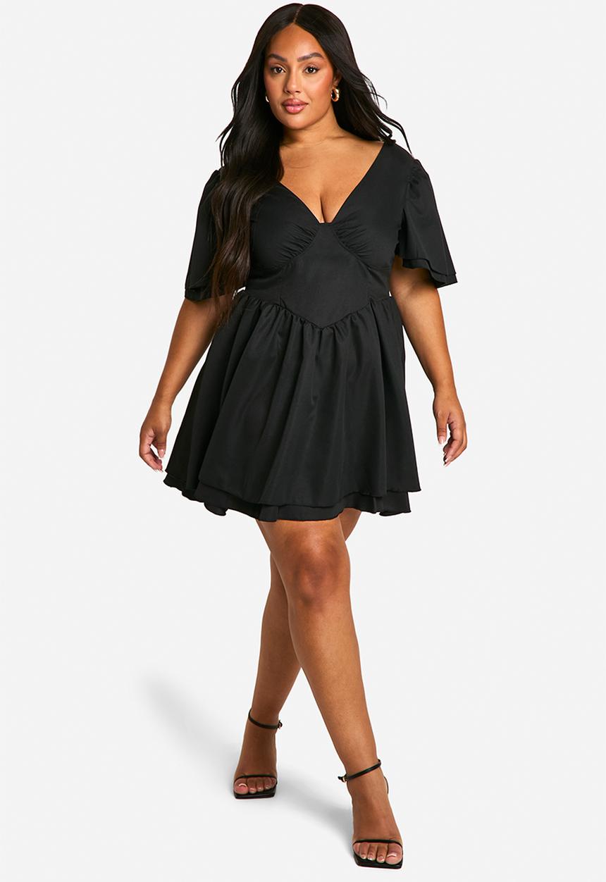 boohoo - Plus woven bodice ruffle sleeve skater dress -  black