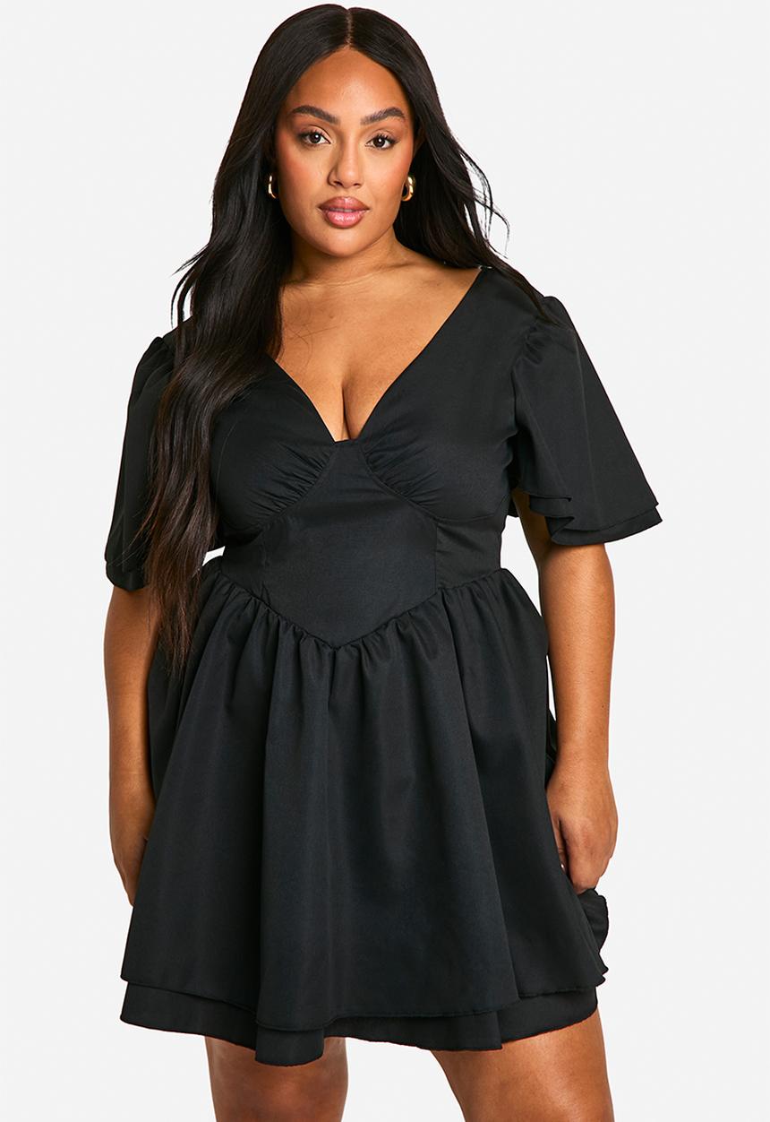 boohoo - Plus woven bodice ruffle sleeve skater dress -  black
