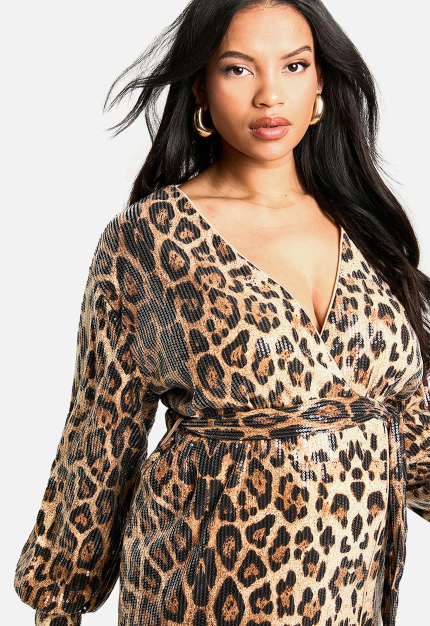 boohoo - Plus sequin wrap dress -  leopard