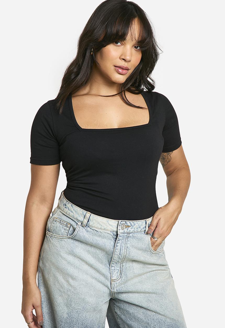 boohoo - Boohoo Basics Plus Cotton Square Neck Short Sleeve Bodysuit - Black