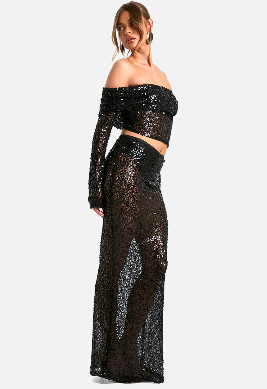 boohoo - Sequin beaded lace maxi skirt - black