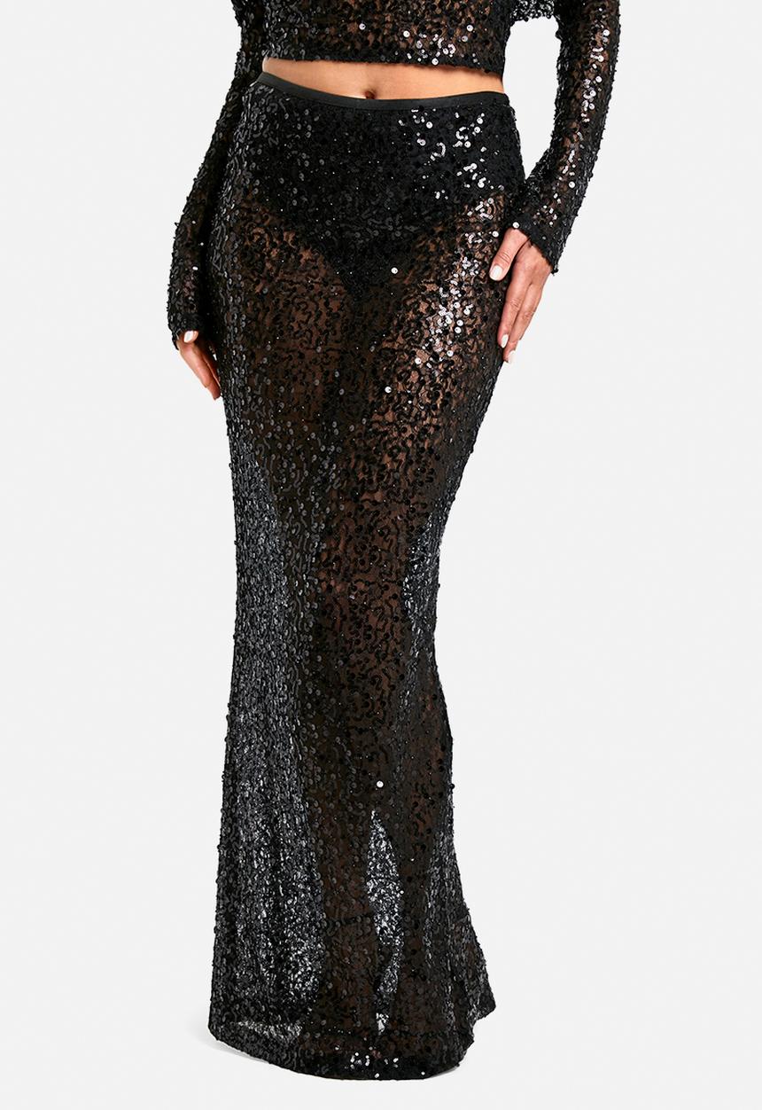 boohoo - Sequin beaded lace maxi skirt - black