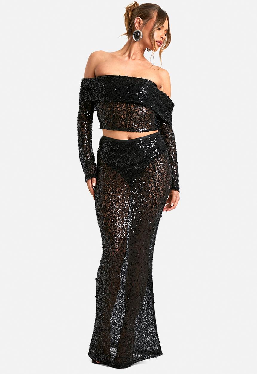 boohoo - Sequin beaded lace maxi skirt - black