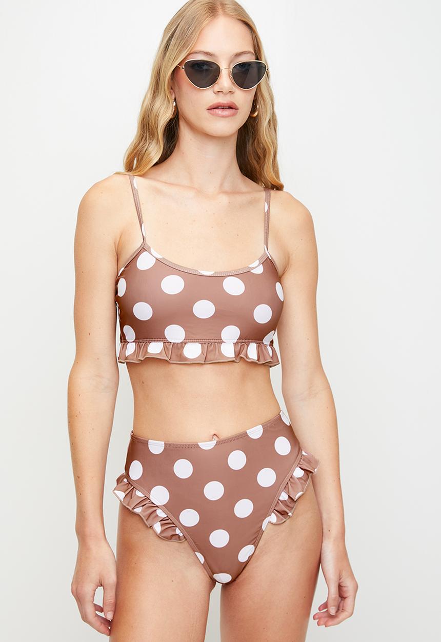 Brave Soul - Ladies Printed High Waisted BikiniBottoms With Frilled Leg Trim - Tan / White Polka Dot