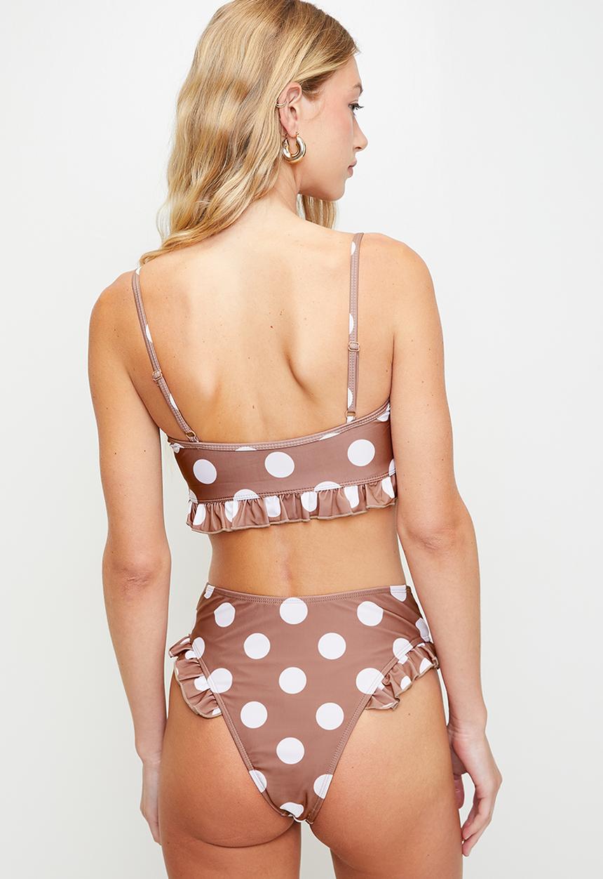 Brave Soul - Ladies Printed High Waisted BikiniBottoms With Frilled Leg Trim - Tan / White Polka Dot