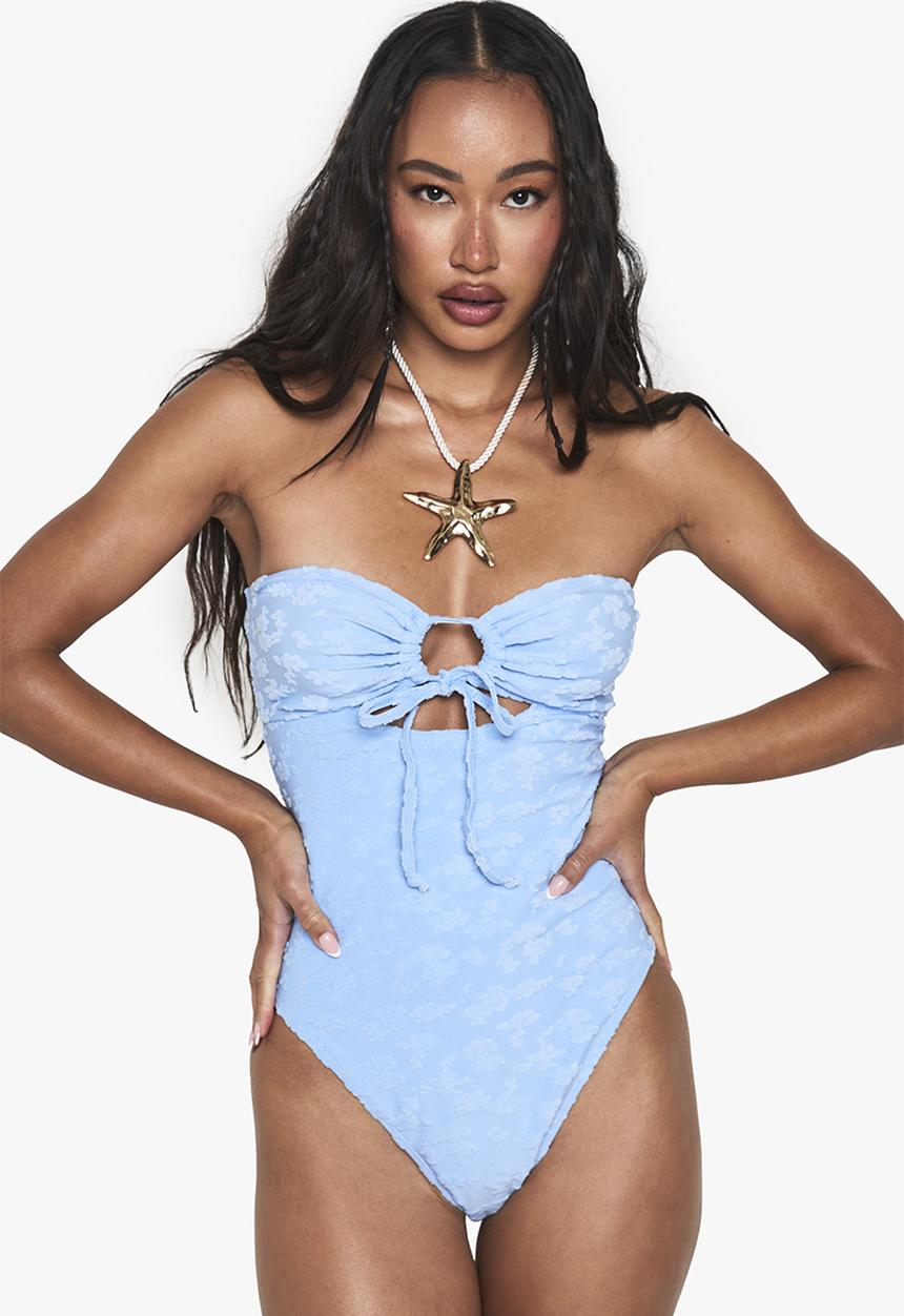 boohoo - Floral embossed bandeau swimsuit - cornflower blue