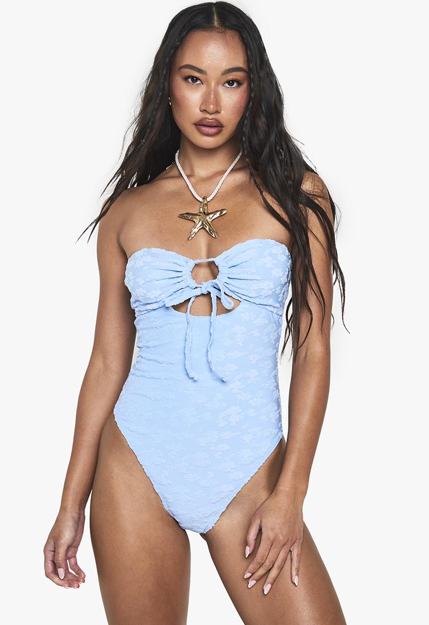 boohoo - Floral embossed bandeau swimsuit - cornflower blue