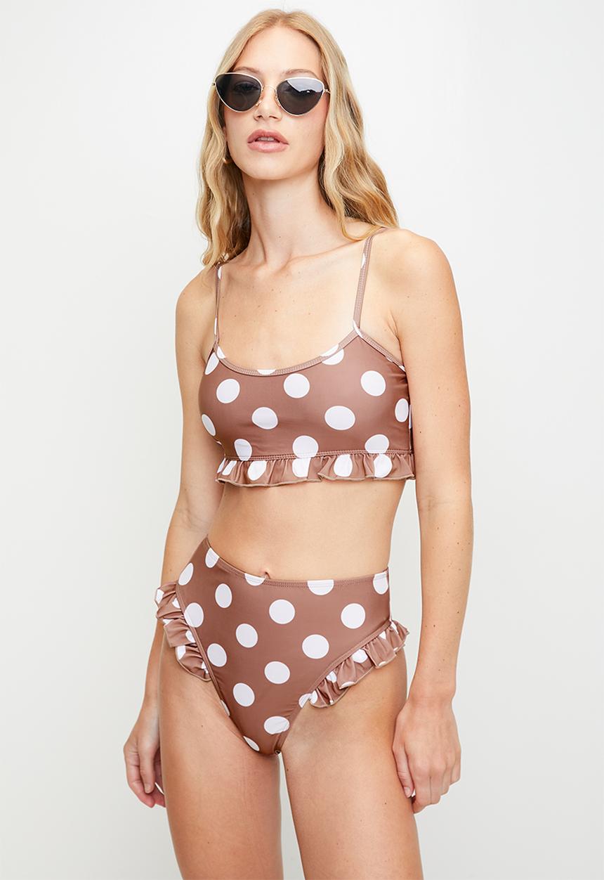 Brave Soul - Ladies Printed Bikini Top With FrilledHem, Removable Cups And AdjustableStraps - Tan / White Polka Dot