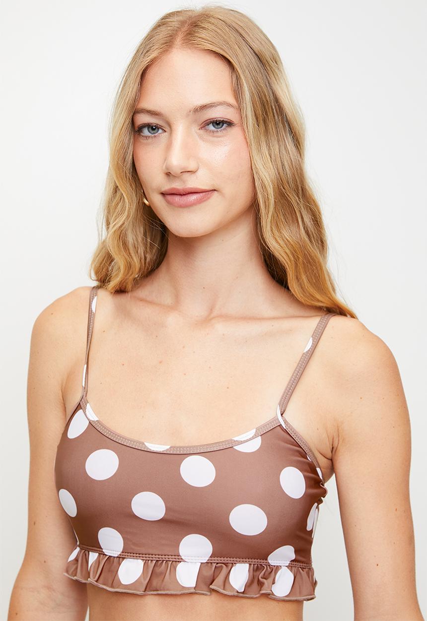 Brave Soul - Ladies Printed Bikini Top With FrilledHem, Removable Cups And AdjustableStraps - Tan / White Polka Dot