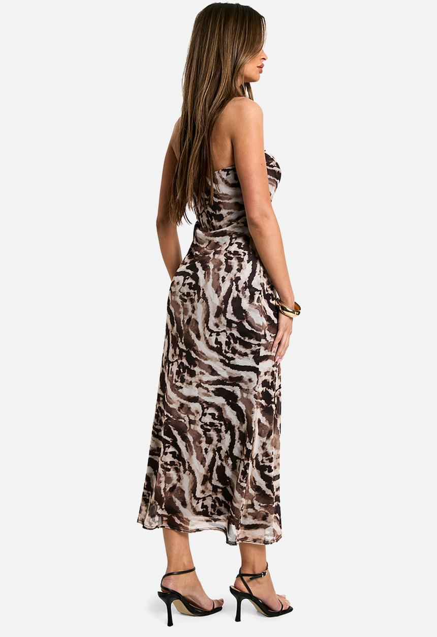 boohoo - Bandeau printed mesh midaxi dress - brown