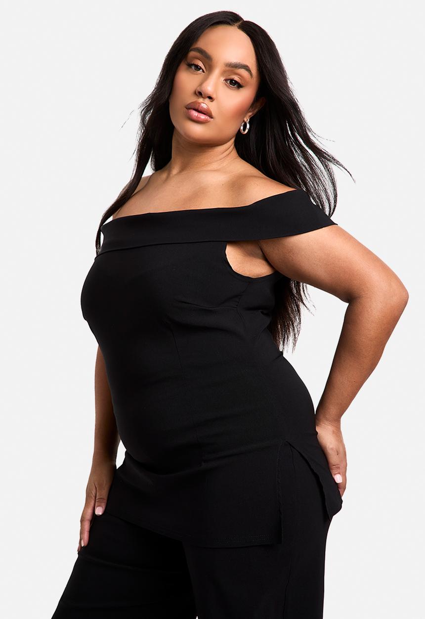 boohoo - Plus Bardot Corset Style Wide Leg Trouser Co-Ord - Black