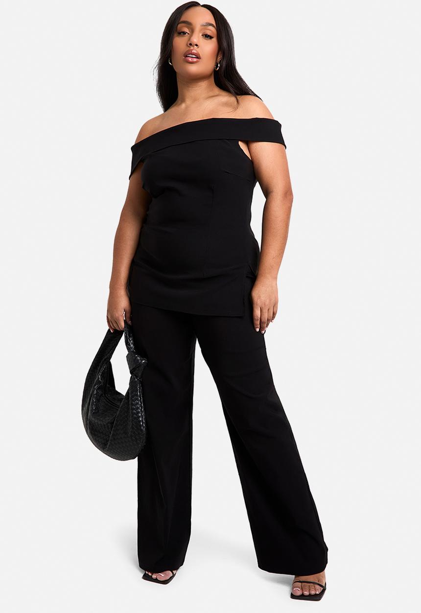 boohoo - Plus Bardot Corset Style Wide Leg Trouser Co-Ord - Black