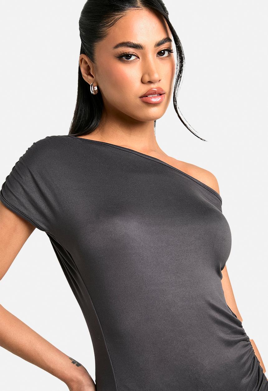 boohoo - Supersoft drape off shoulder ruched top - charcoal