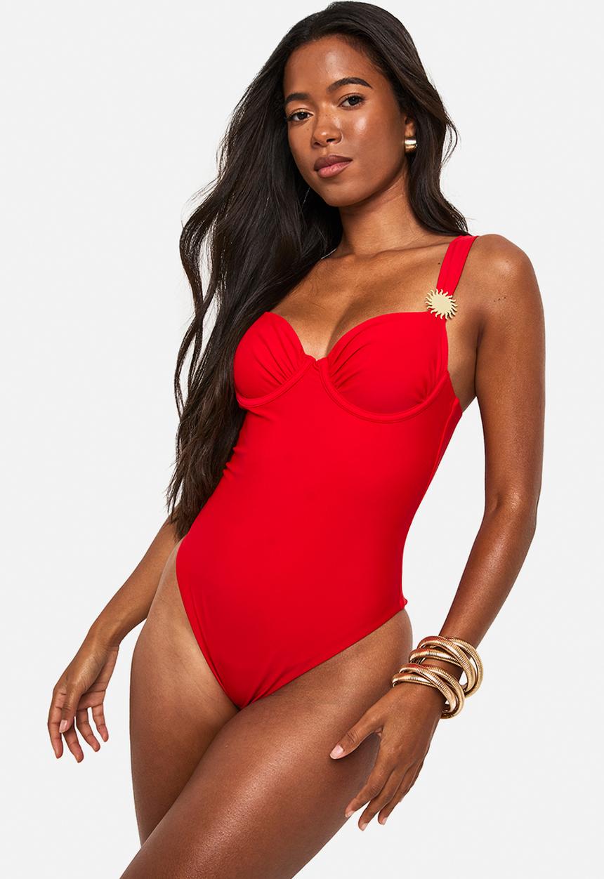 boohoo - Sunshine trim balcony swimsuit - red