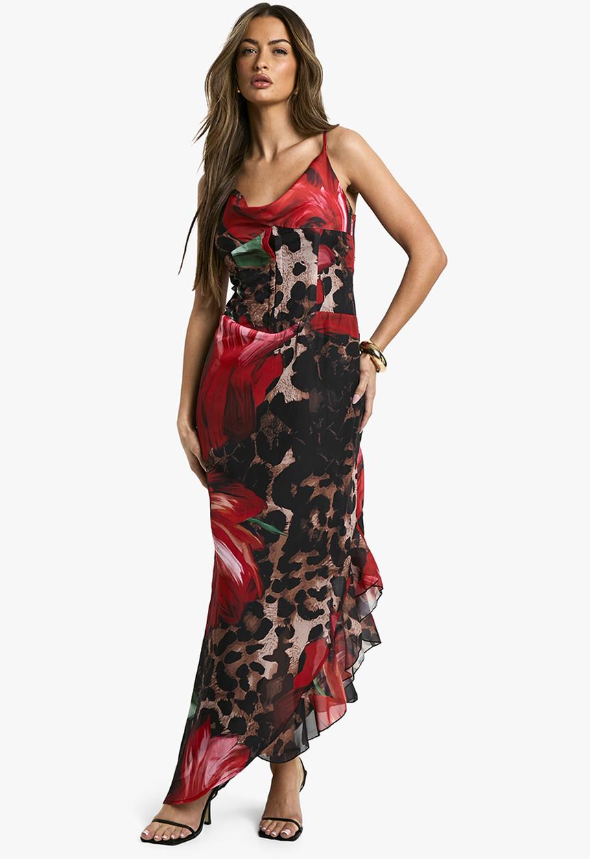 boohoo - Leopard floral mix chiffon corset maxi dress - multi